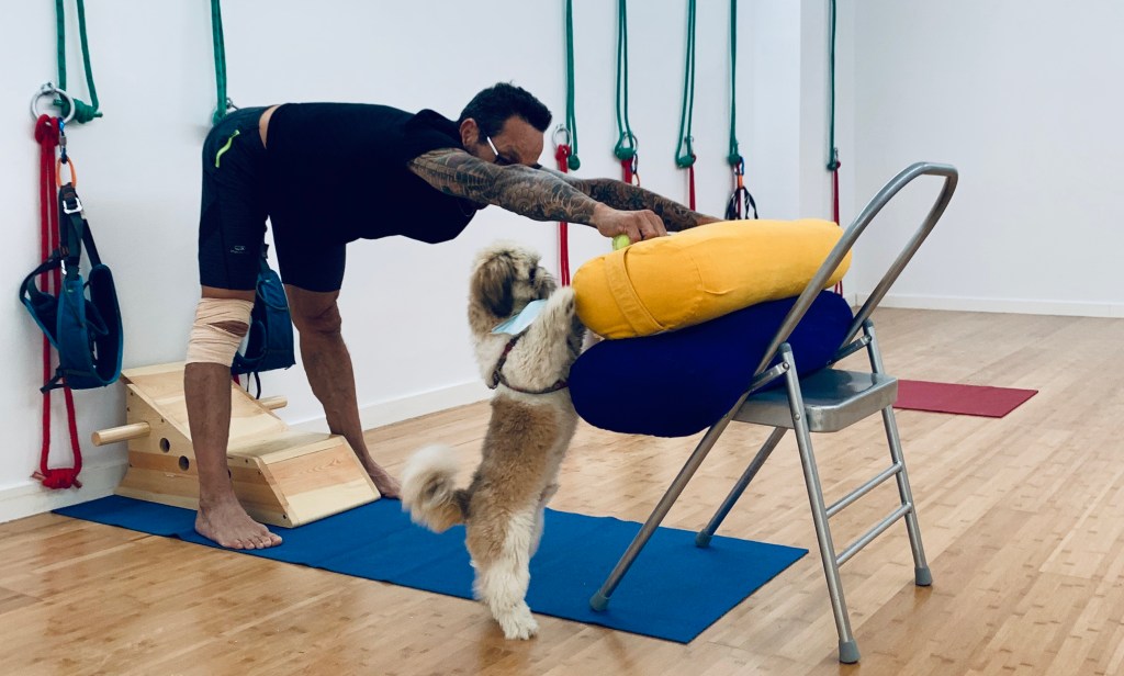 Buddha teaching Alfonso his version of Yoga's Dog Pose